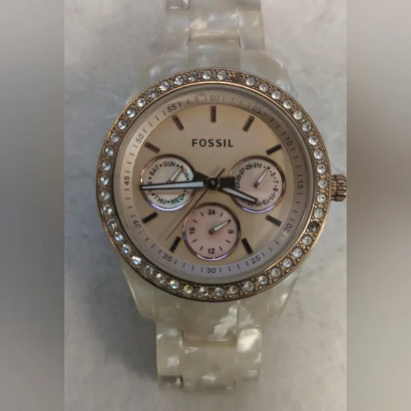 Fossil BLUE mother of pearl bronze band rhinestone face AM 4138 Women main image 3